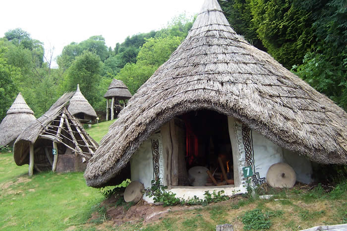 An example of a round house reconstructed at Dan Yr Ogof